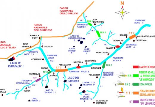 Mappa dei torrenti e laghi dove pescare in Val di Sole